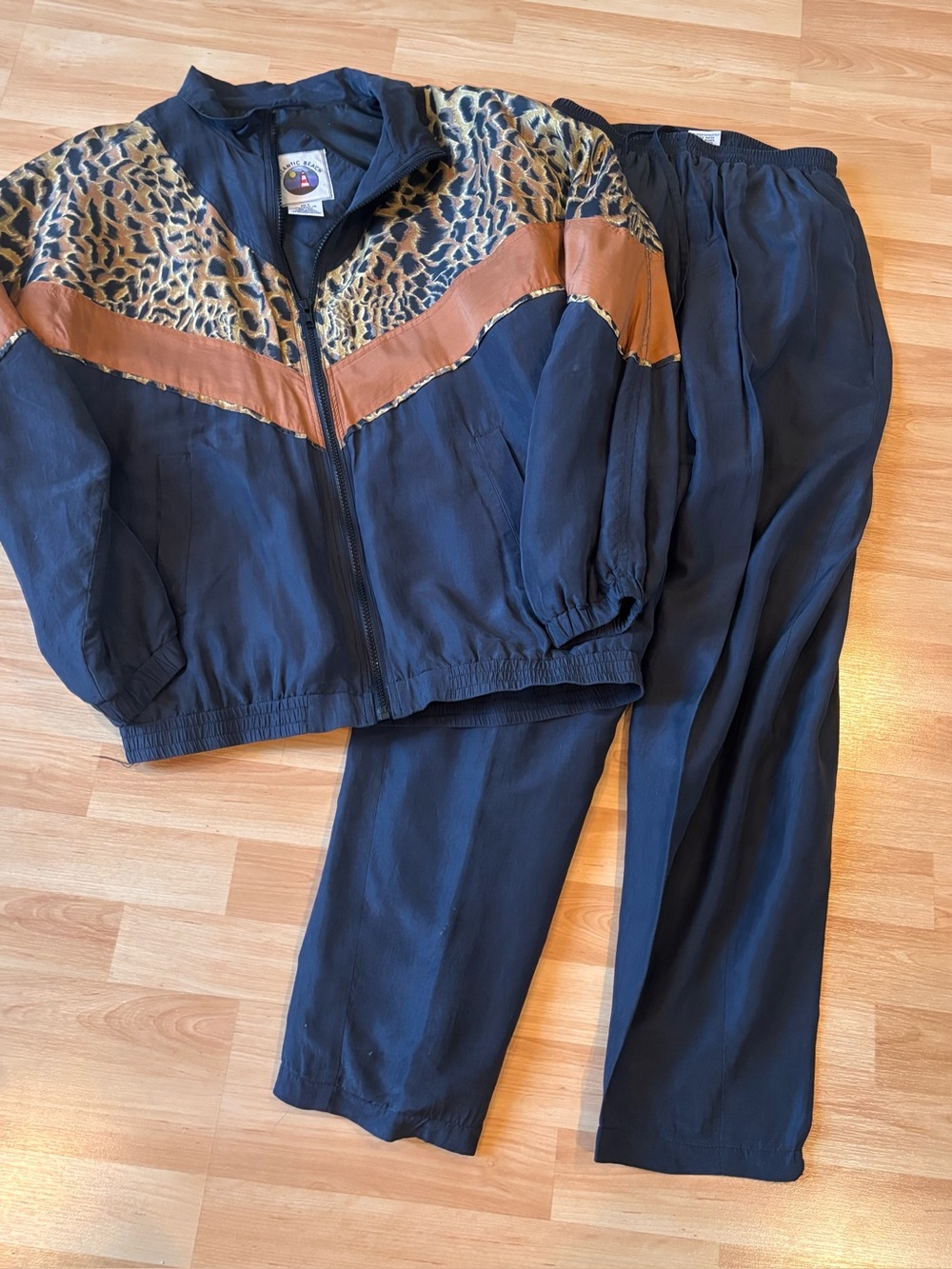Atlantic Beach Vintage Two-Piece Black Animal Print Silk  Track Suit